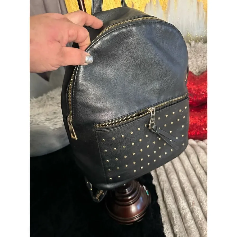 Rhinestone strap rivet studded black vegan leather backpack